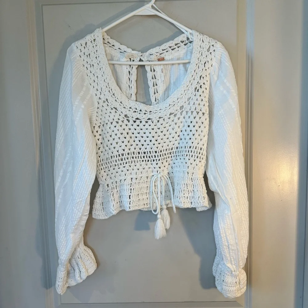 Free People White Megan Crochet Sheer Long Sleeve Boho Festival Crop Top, Small